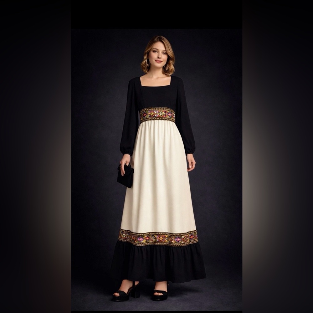 Vintage 70s Boho Maxi Dress Black Cream Embroidered Trim M